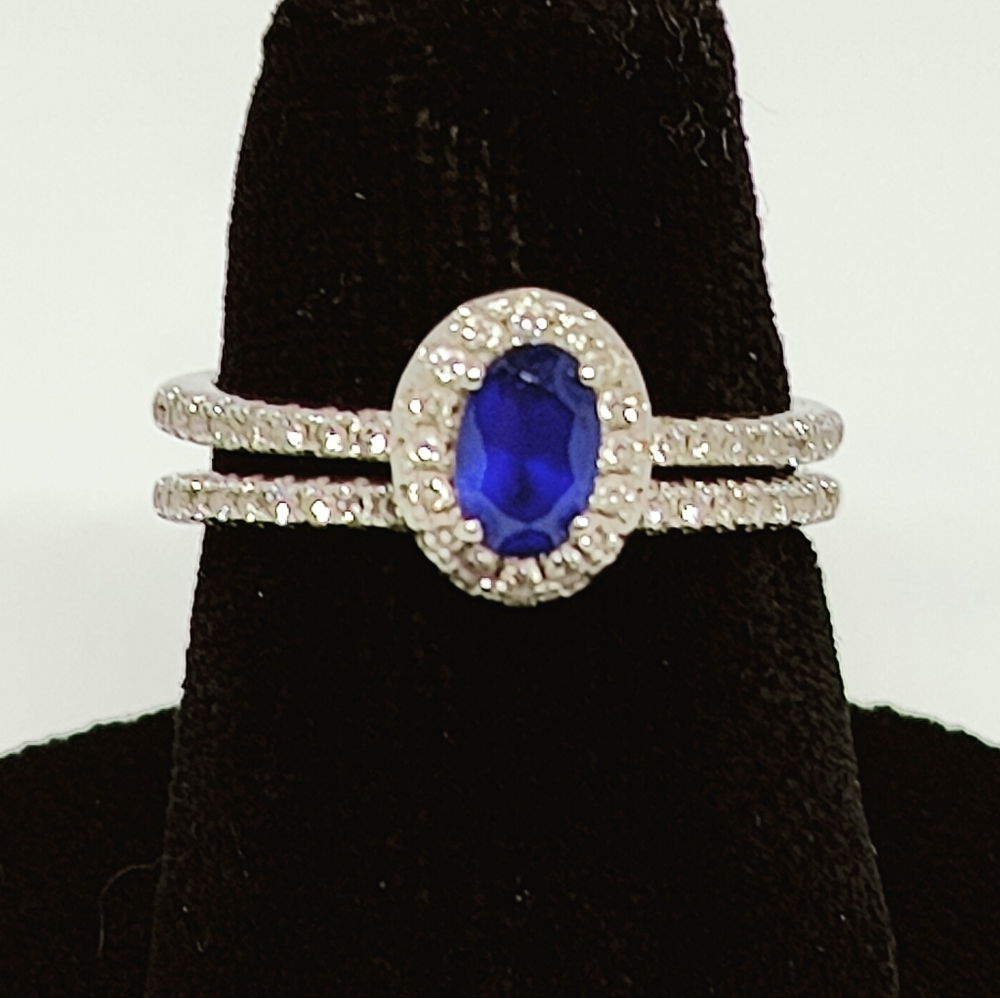 Sterling and Sapphire CZ Engagement and Wedding Ring Set By Berricle
